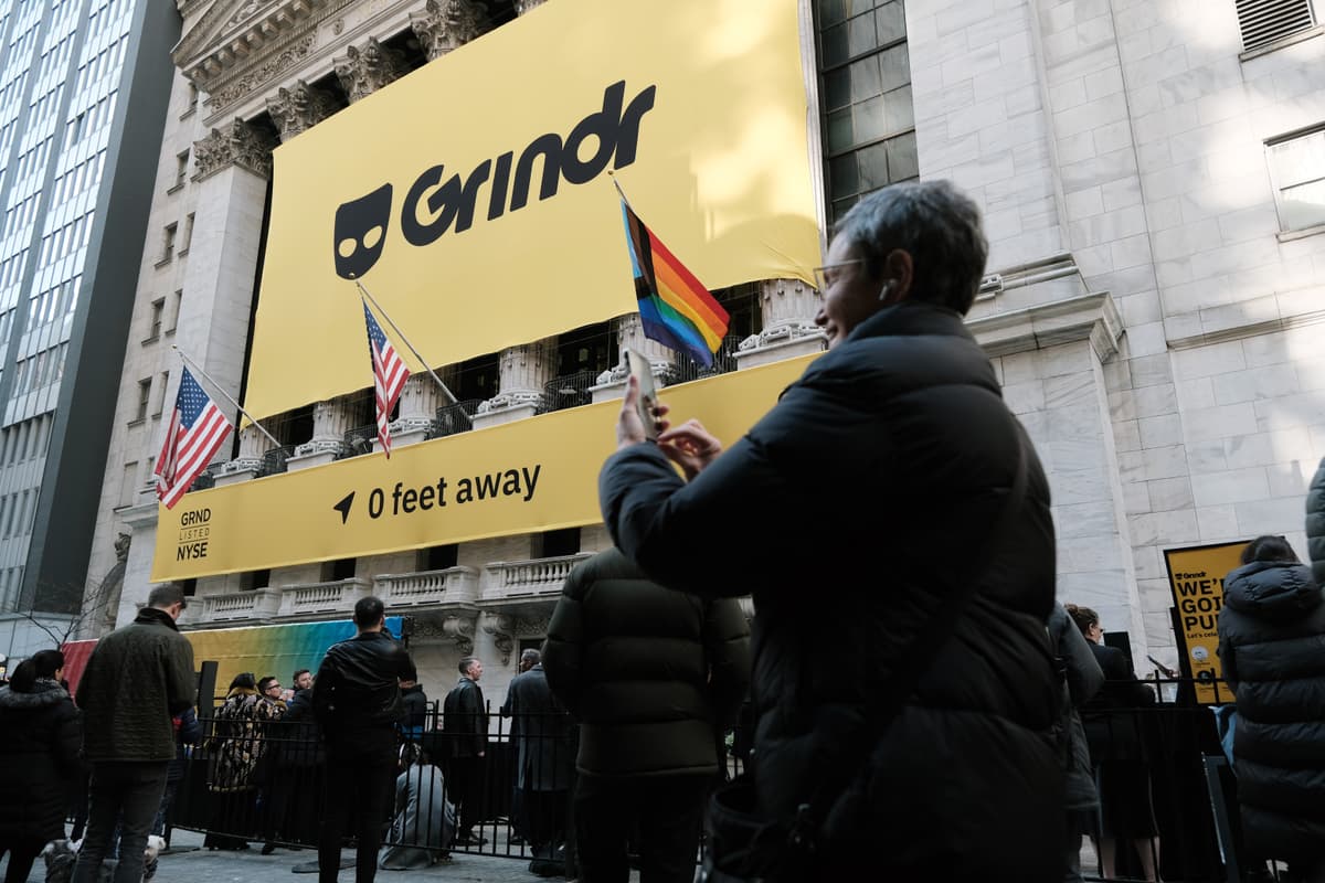 The LGBTQ social networking platform Grindr marks its debut on the New York Stock Exchange at New York City on November 18, 2022.