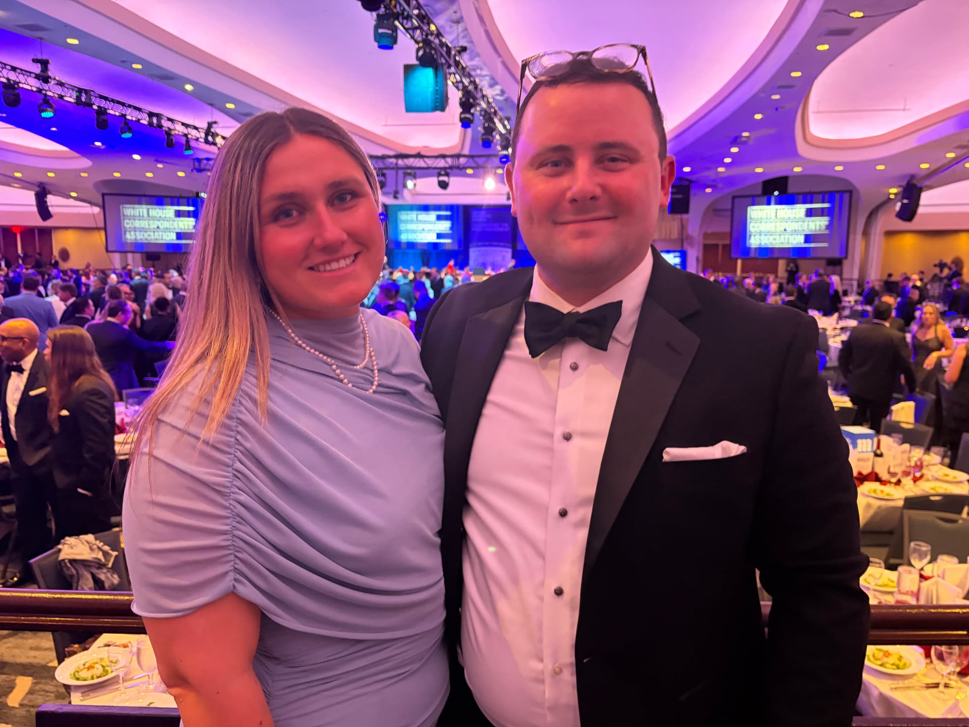 New York Sun reporter Matthew Rice and his friend pose for a photo while enjoying the White House Correspondents' Dinner at the Washington Hilton, April 25, 2026, before gunfire rang out.
