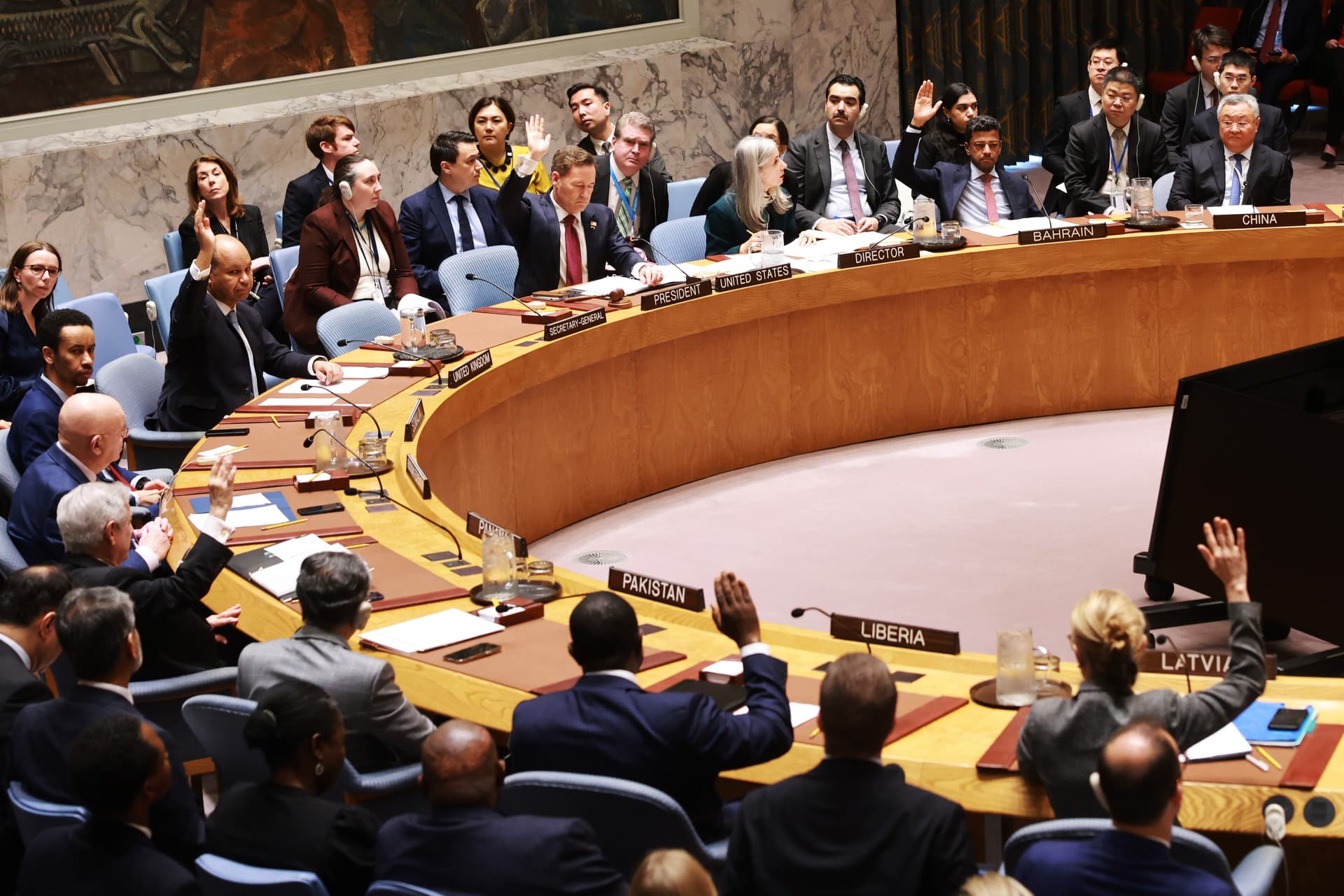 United Nations members vote at a Security Council meeting on March 12, 2026, to consider sanctions on Iran following that nation’s attacks on neighboring countries. 
