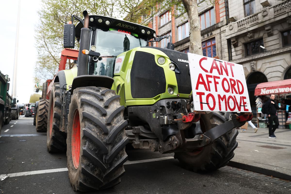 Tractors block O'Connell Street on the fifth day of a national fuel protest at Dublin, Ireland, on April 11, 2026.