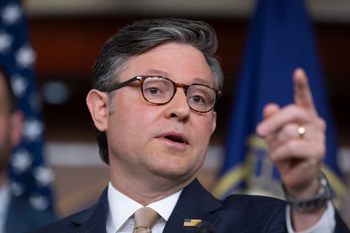 Speaker Mike Johnson takes questions at a news conference at the Capitol on April 21, 2026. 