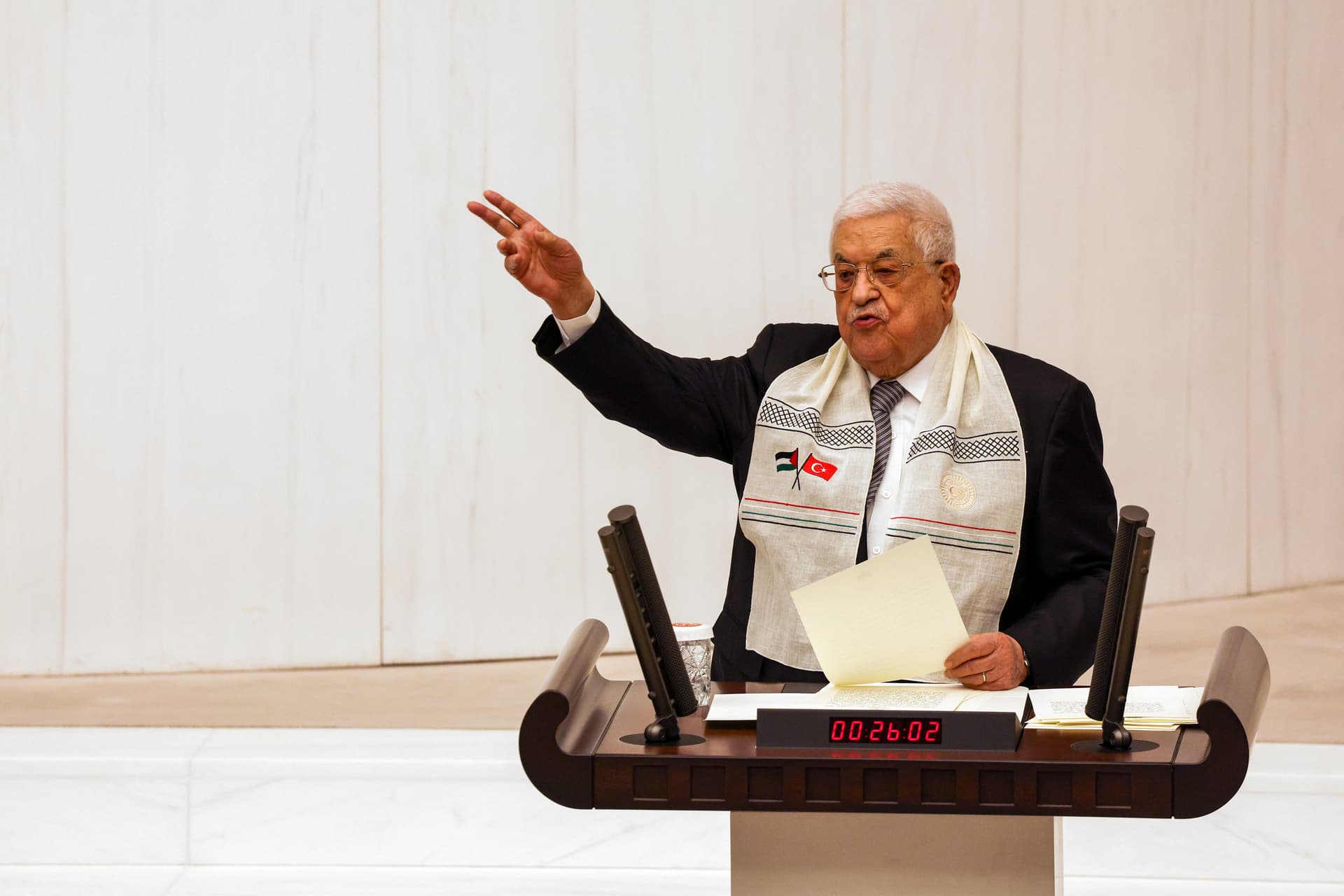 President Mahmoud Abbas of the Palestinian Authority addresses the Turkish parliament at Ankara, Turkey, on August 15, 2024.