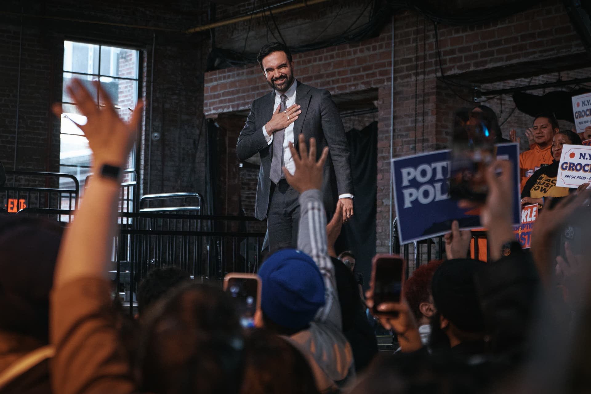 New York’s mayor, Zohran Mamdani, salutes his supporters during an address marking his first 100 days in office at the Knockdown Center on April 12, 2026.
