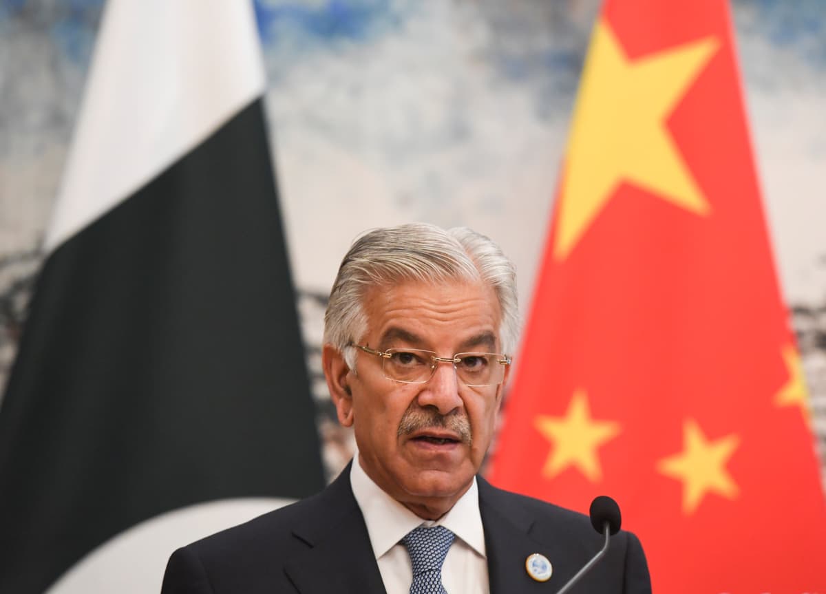 Pakistan’s foreign minister, Khawaja Muhammad Asif, speaks at a news conference at Beijing, China on April 23, 2018.