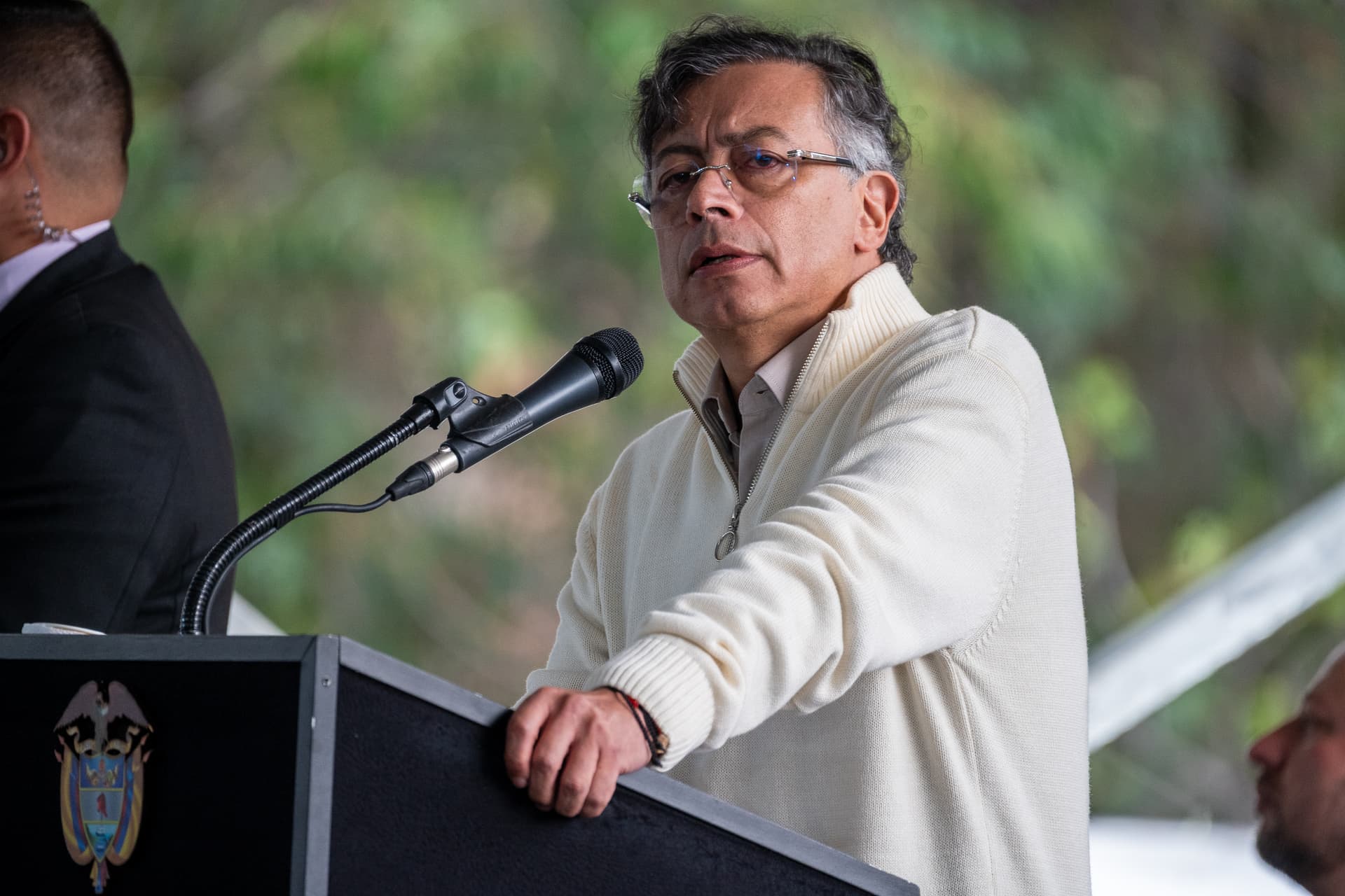 President Gustavo Petro of Colombia gives a speech marking the restoration of the San Juan De Dios Hospital at Bogota, Colombia, on January 27, 2026.