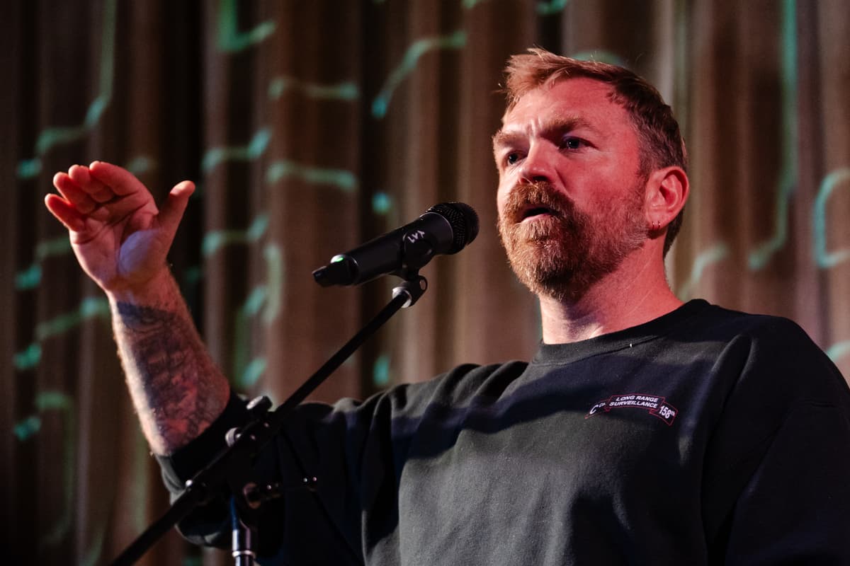Senate hopeful Graham Platner speaks at a town hall at Ogunquit, Maine, on October 22, 2025.