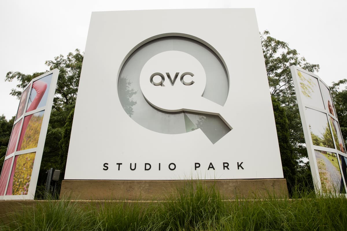 Corporate signage is shown outside a QVC facility in West Chester, Pennsylvania.
