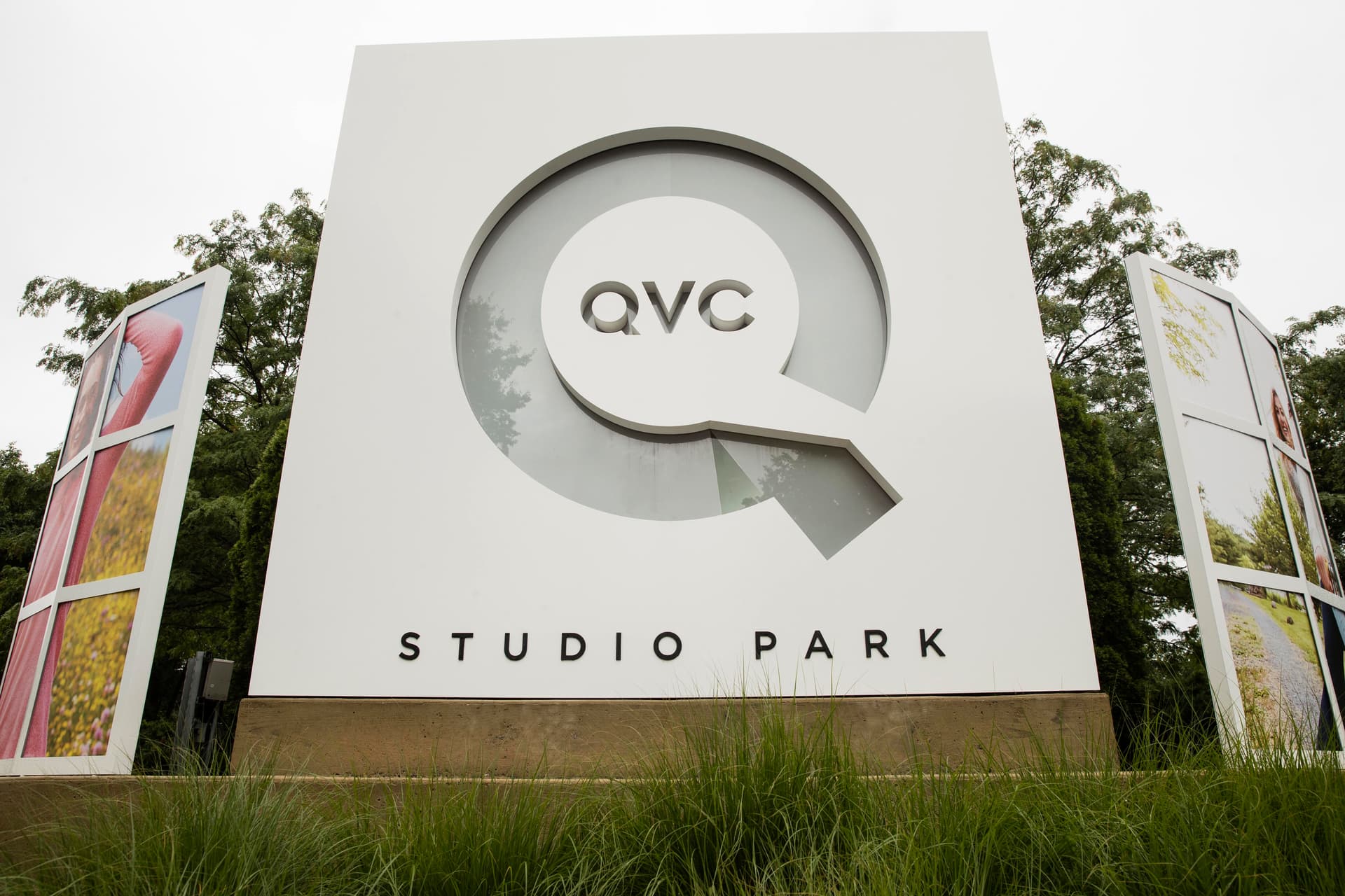 Corporate signage is shown outside a QVC facility in West Chester, Pennsylvania.