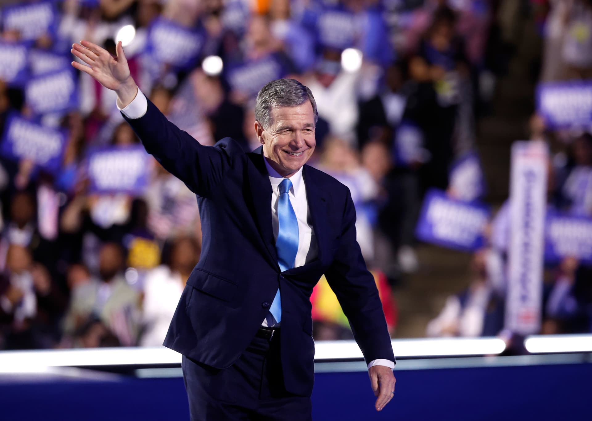 The former governor of North Carolina, Roy Cooper, speaks during the final day of the Democratic National Convention at Chicago on August 22, 2024.