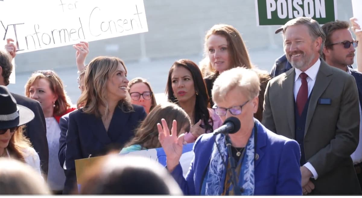 Representative Chellie Pingree speaks to MAHA protesters outside the Supreme Court on April 27, 2026, as Representative Thomas Massie looks on. The manufacturers of weedkiller Roundup are seeking protection from lawsuits claiming its active ingredient, glyphosate, causes cancer.