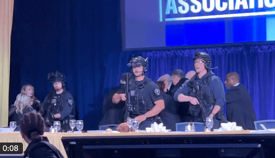 First Lady Melania Trump and President Trump are rushed out of the annual White House Correspondents' Association Dinner as shots fired, April 25, 2026.