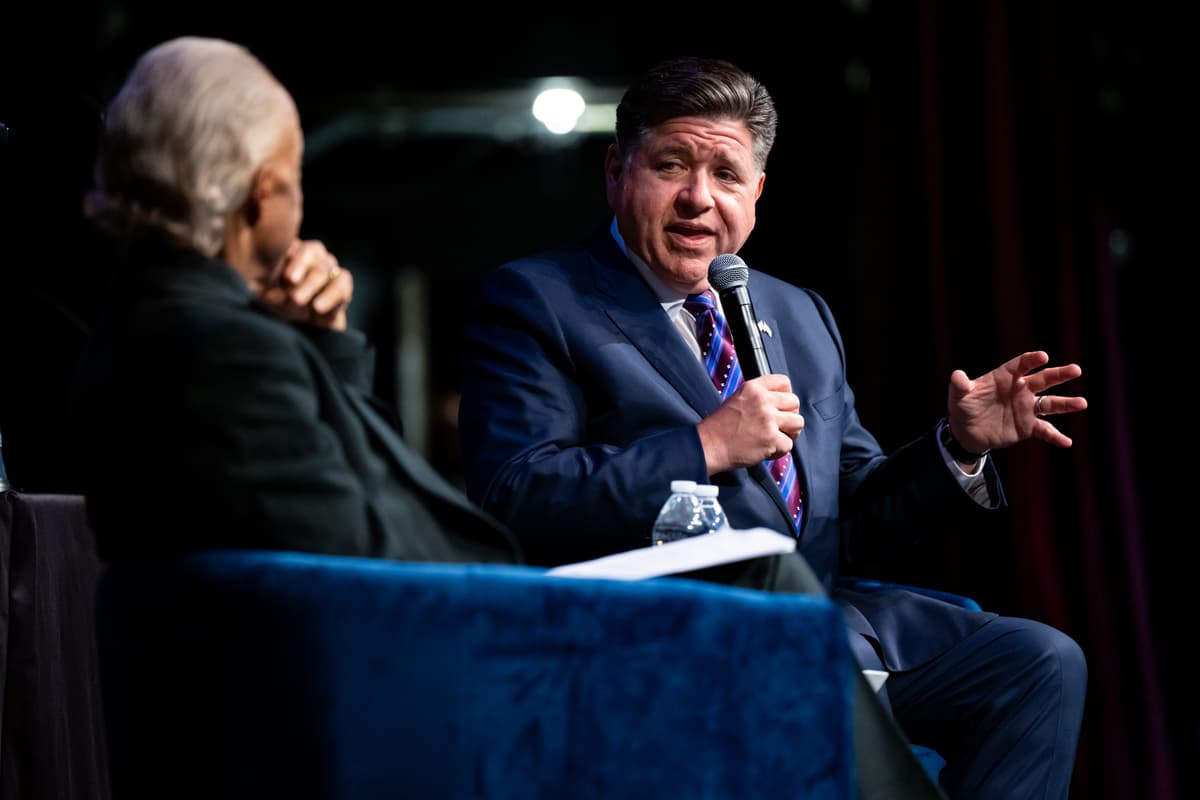 Governor J.B. Pritzker of Illinois participates in a ‘fireside chat’ with the Reverend Al Sharpton during the National Action Network Convention at New York on April 9, 2026.