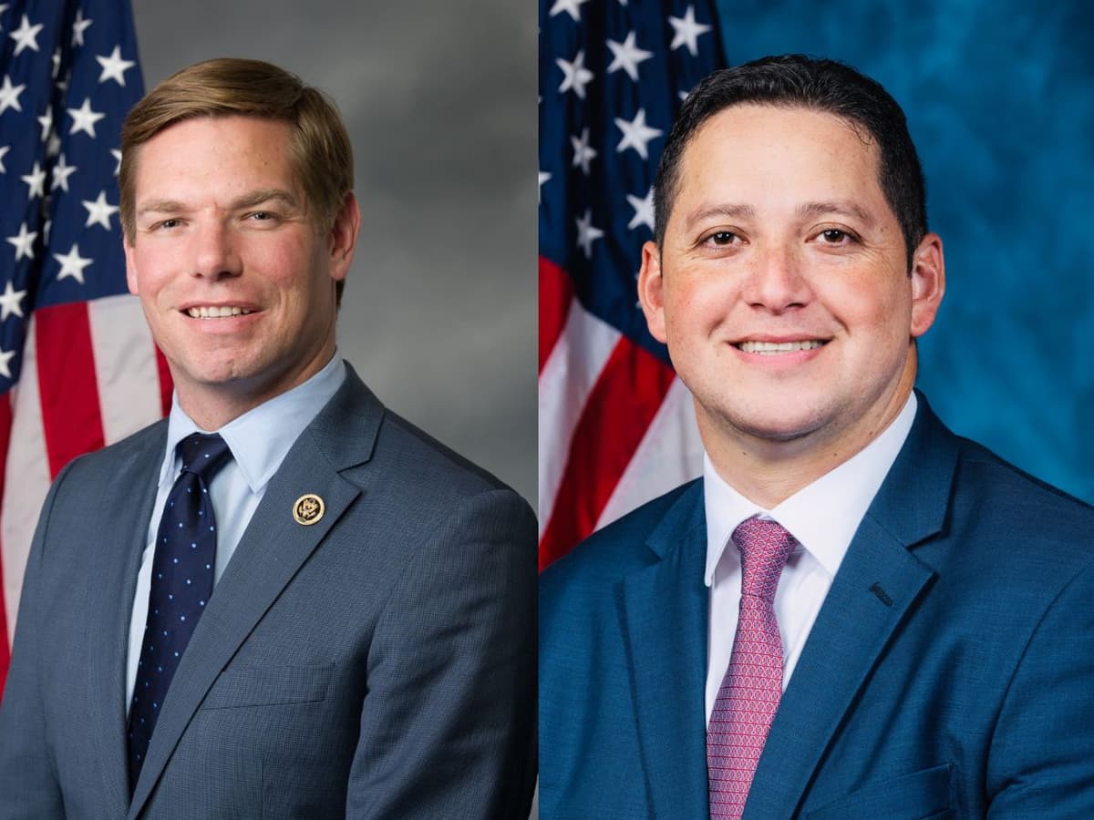 Representatives Eric Swalwell, a Democrat, left, and Tony Gonzales, a Republican, right, are stepping down from the House.