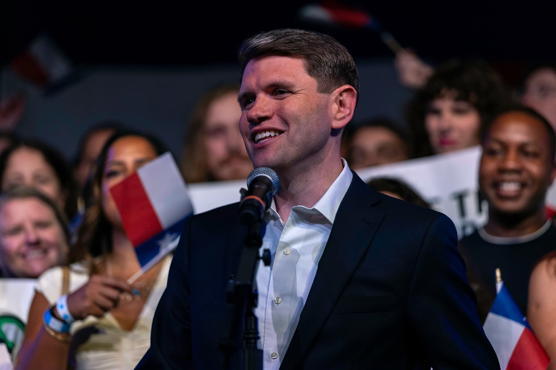 A Texas Senate candidate, James Talarico, addresses supporters on primary election night at Austin, Texas, on March 3, 2026.