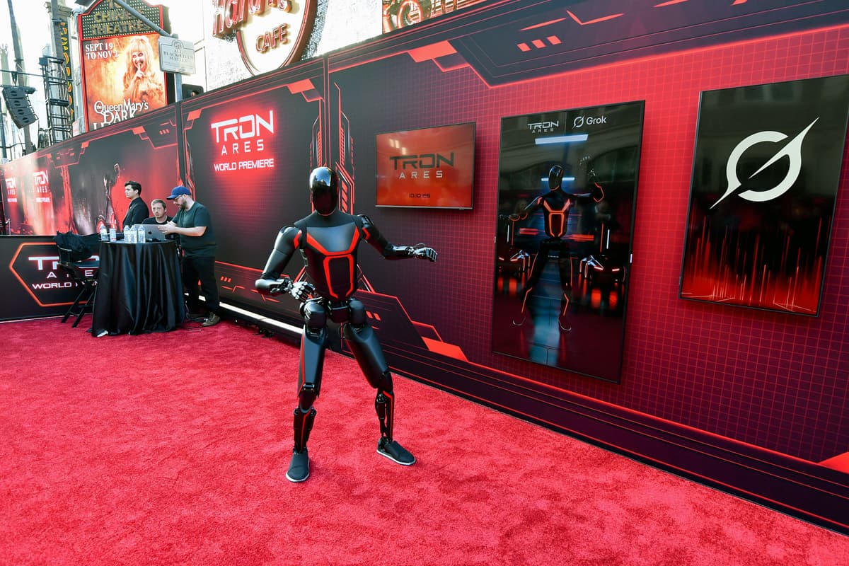 A Tesla robot is displayed during the World Premiere of Disney's Tron: Ares at Hollywood, California, on October 6, 2025.