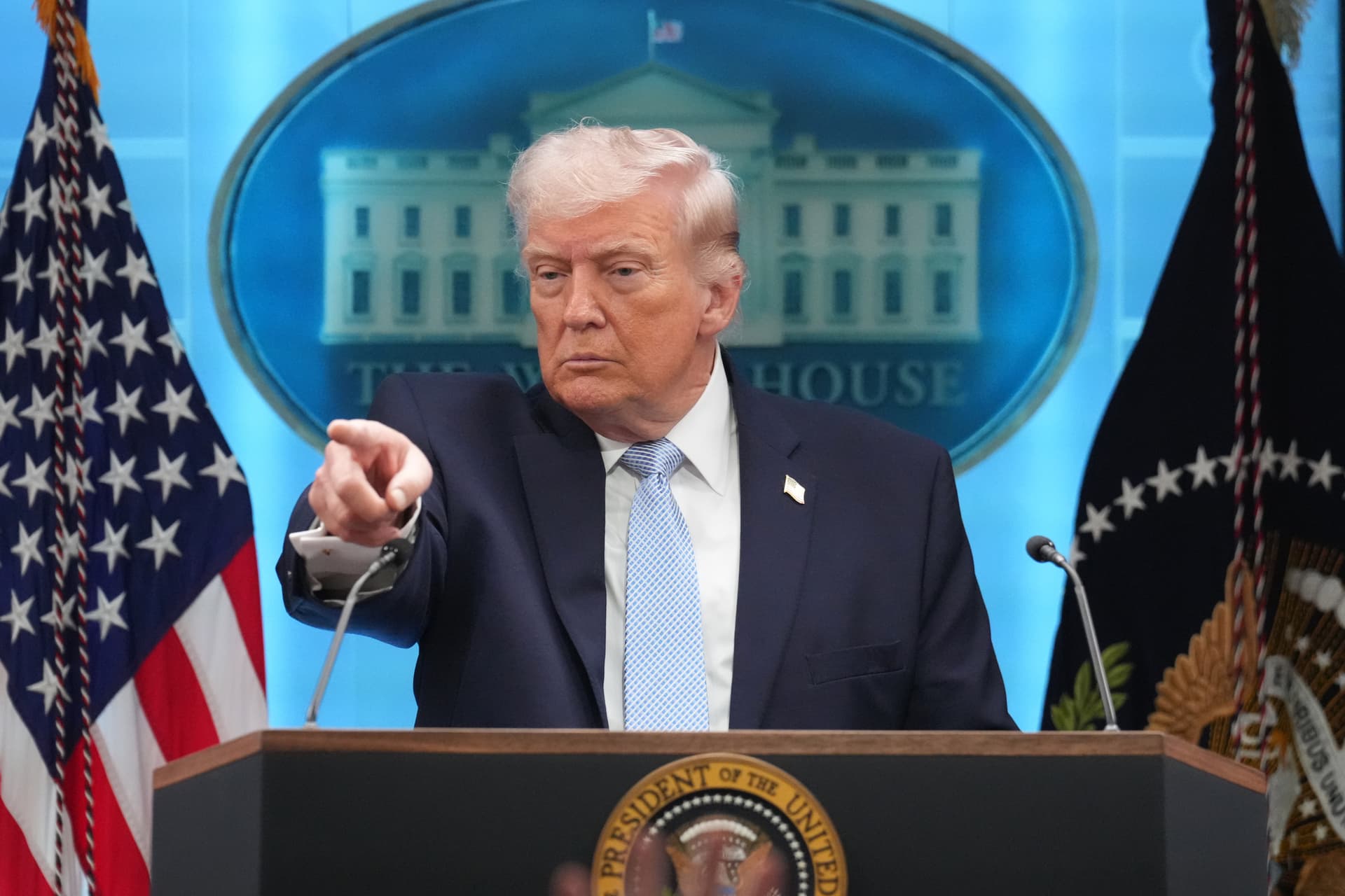 President Trump speaks with reporters during a news conference at the White House on April 6, 2026.