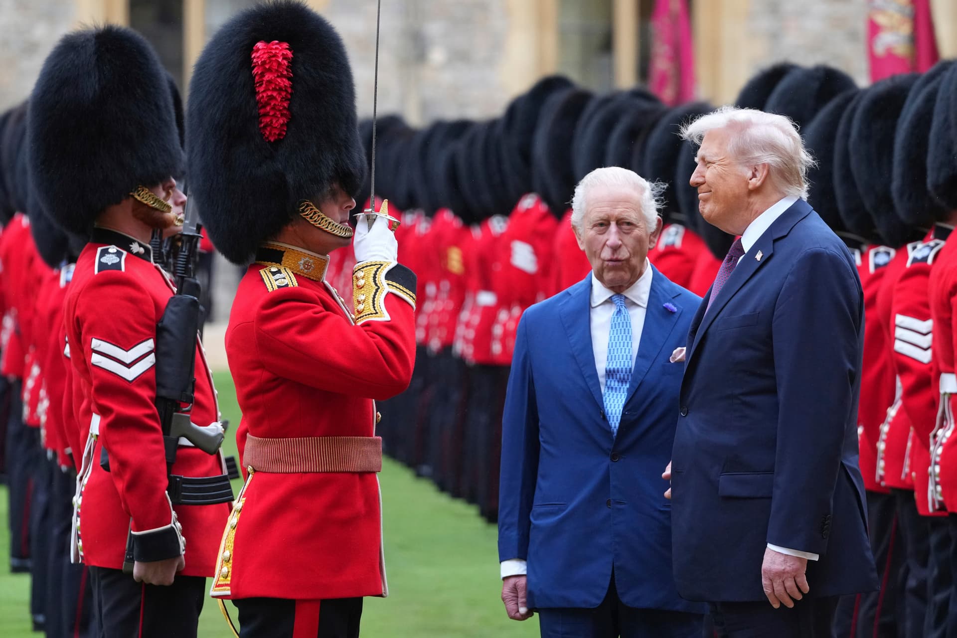 President Trump and King Charles III review the Guard of Honour after the president’s arrival at Windsor Castle on September 17, 2025.