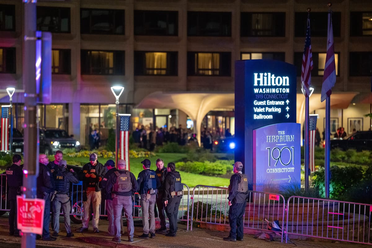 
FBI and Homeland Security officers surround the Washington Hilton Hotel where shots were fired near the White House Correspondents' Dinner at Washington, D.C., on April 25, 2026. 
