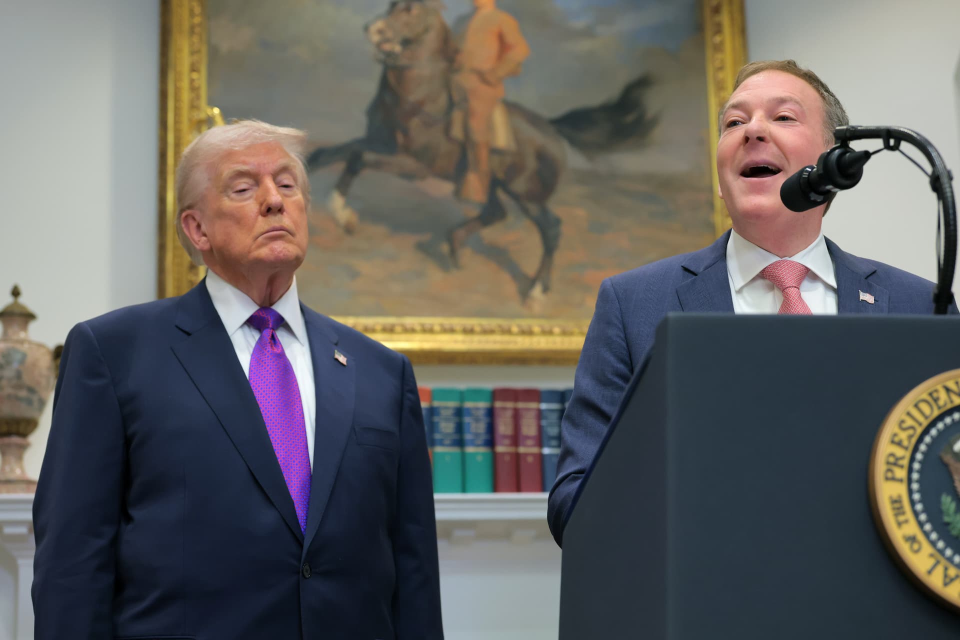The EPA administrator, Lee Zeldin,speaks alongside President Trump during an event at the White House on February 12, 2026.