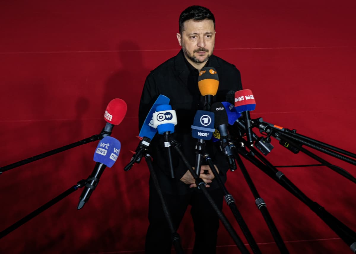 President Volodymyr Zelenskyy of Ukraine addresses the press at a meeting of European Union leaders at Ayia Napa, Cyprus, on April 23, 2026. 
