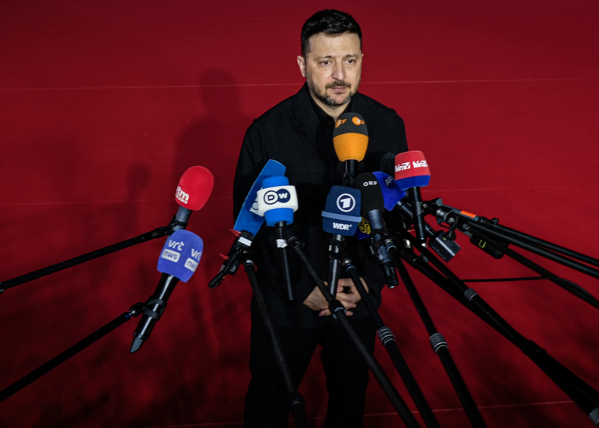 President Volodymyr Zelenskyy of Ukraine addresses the press at a meeting of European Union leaders at Ayia Napa, Cyprus, on April 23, 2026. 