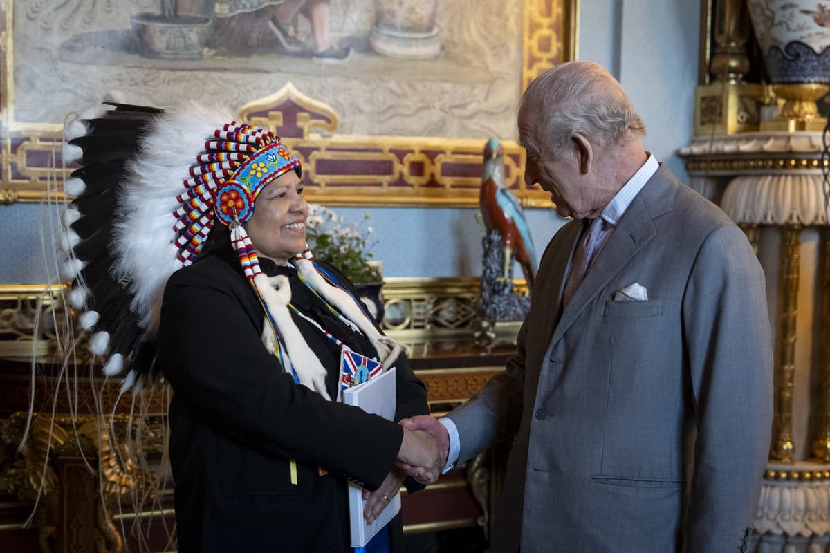 King Charles III, right, with Chief Christine Longjohn of the Sturgeon Lake First Nation at Buckingham Palace on March 11, 2026.