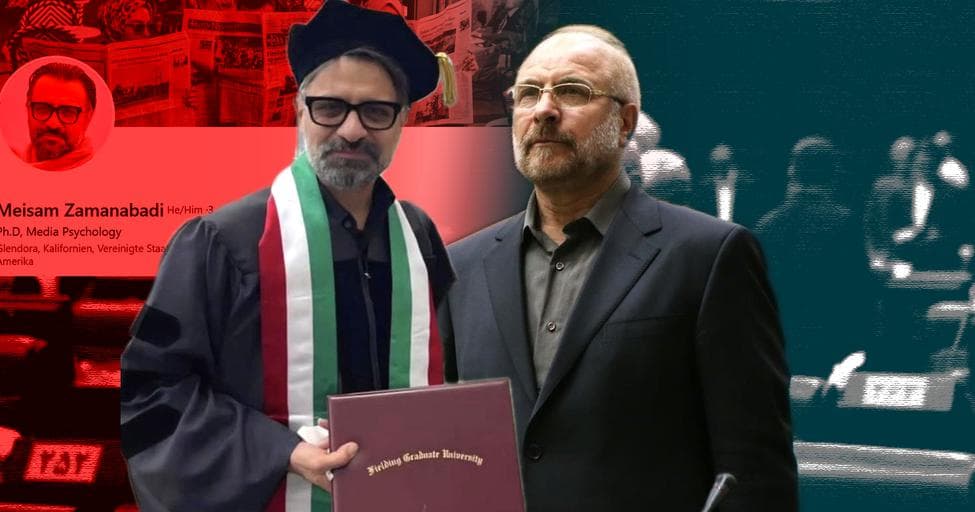 In this composite image created by Iran Wire, Iran's parliament speaker, Mohammad Bagher Ghalibaf (right), is shown next to the suspected writer of his social media posts, California-based Meisam Zamanabadi.