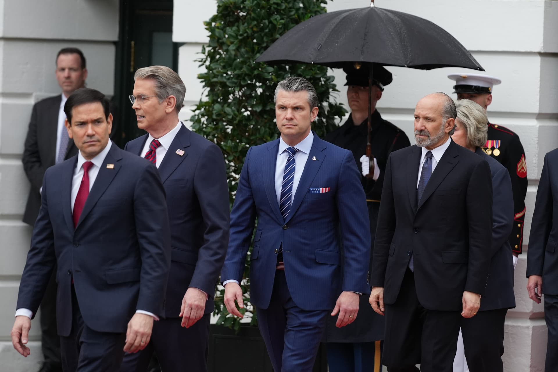 From left, Secretary of State, Marco Rubio, Treasury Secretary Scott Bessent, Secretary of Defense Pete Hegseth and Commerce Secretary Howard Lutnick on the South Lawn of the White House, April 28, 2026.