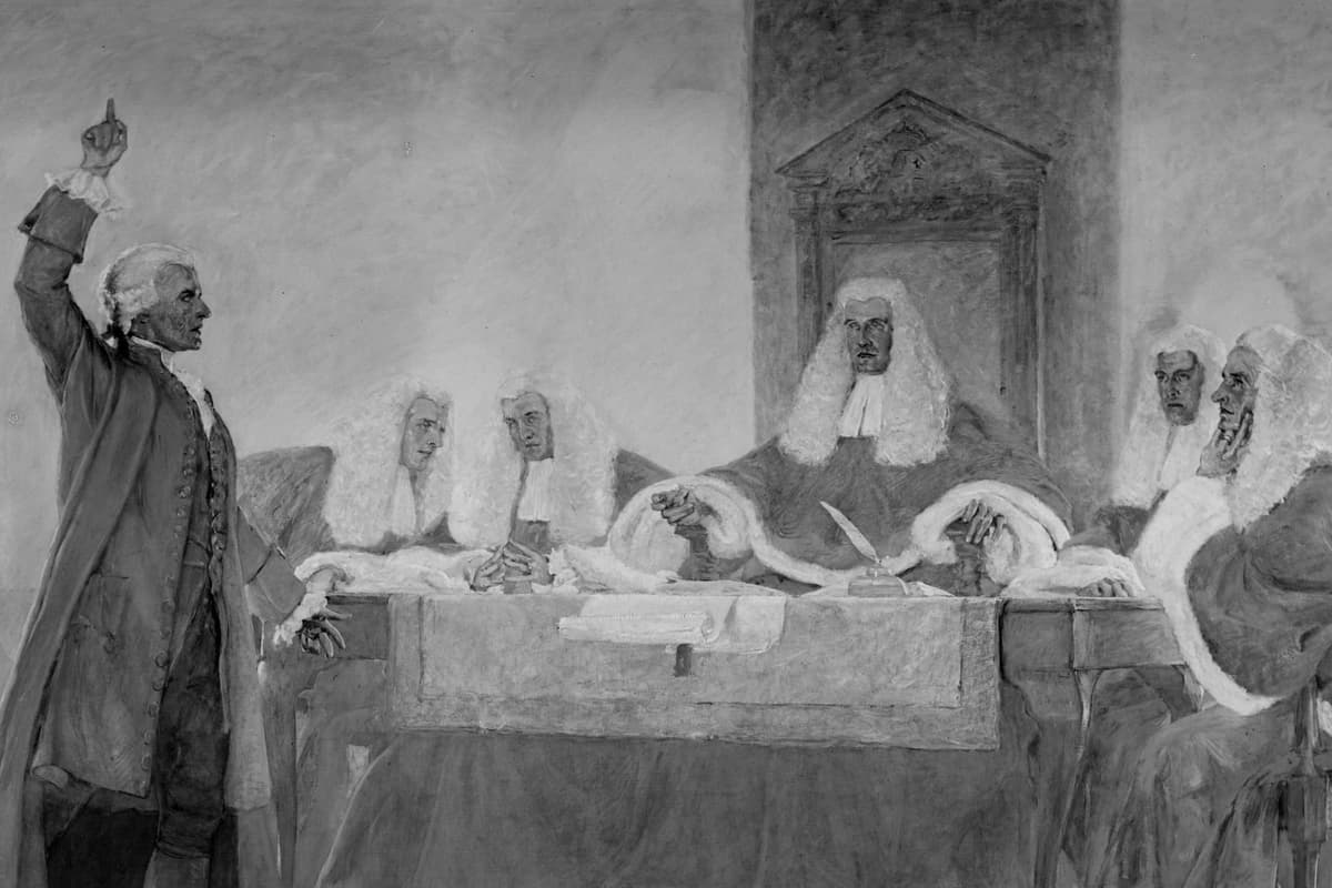 Lawyer James Otis arguing in 1761 against sweeping British search warrants, in a detail of a mural in Massachusetts' State House.