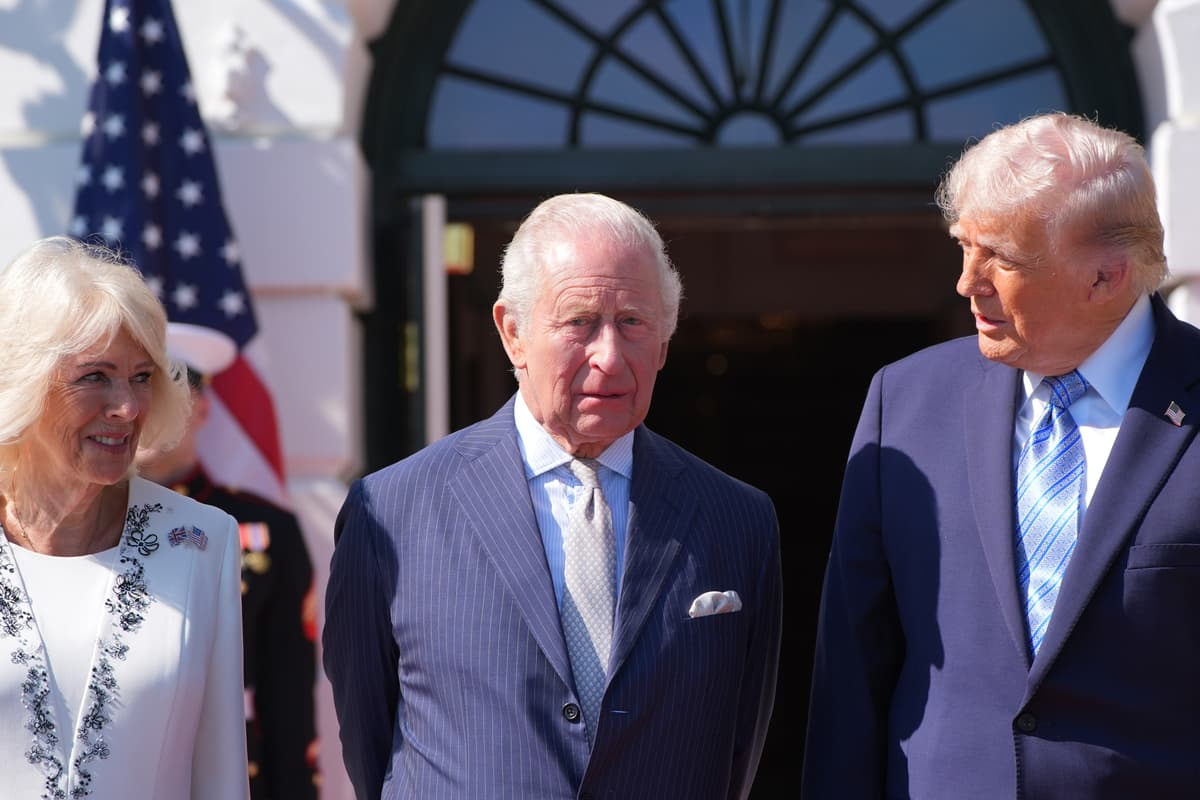 President Trump and first lady Melania Trump greet Britain's King Charles III and Queen Camilla as they arrive at the White House, April 27, 2026, in Washington.