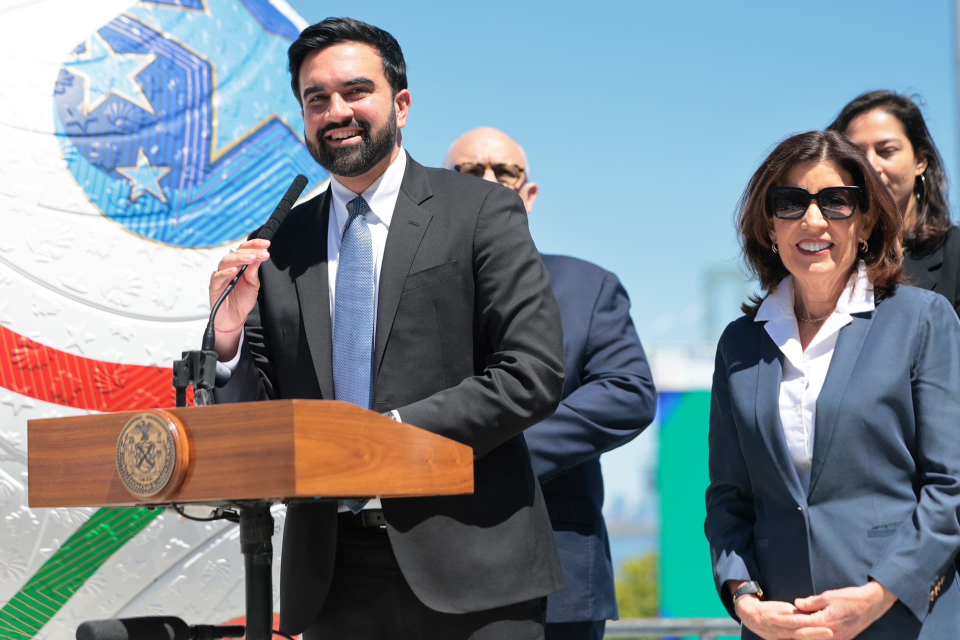Mayor Zohran Mamdani, joined by Governor Kathy Hochul, at a press conference on Staten Island, April 27, 2026.