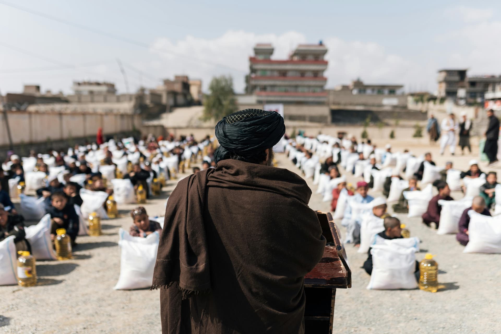 A humanitarian aid distribution event in Afghanistan.