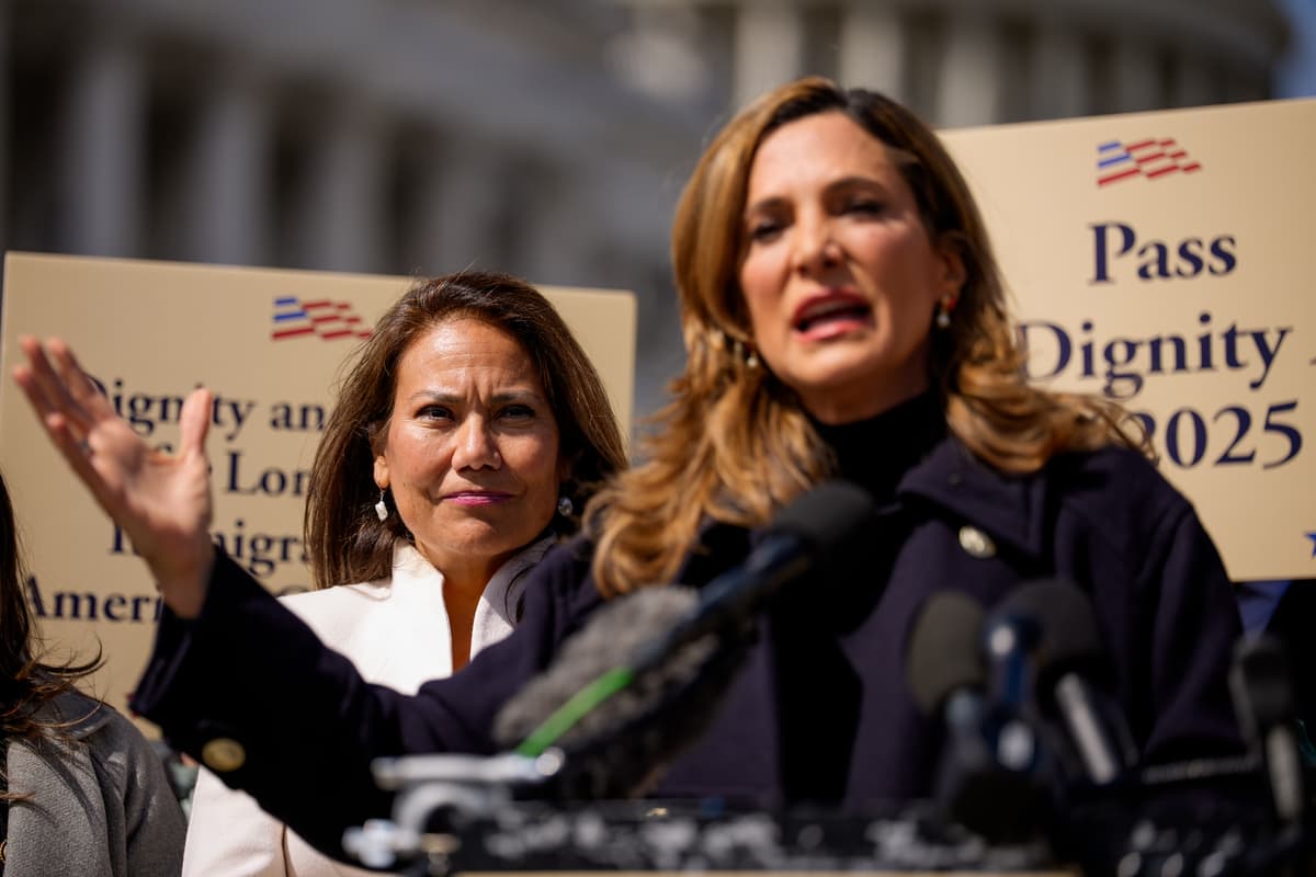 Congresswoman Maria Salazar, accompanied by Texas Democrat Veronica Escobar at a Dignity Coalition news conference on Capitol Hill on March 25, 2026 in Washington, DC.