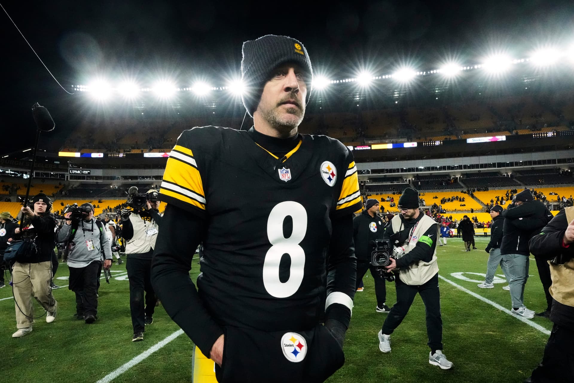 The Pittsburgh Steelers' quarterback, Aaron Rodgers, after an NFL wild-card playoff football game against the Houston Texans, January 12, 2026, at Pittsburgh. 