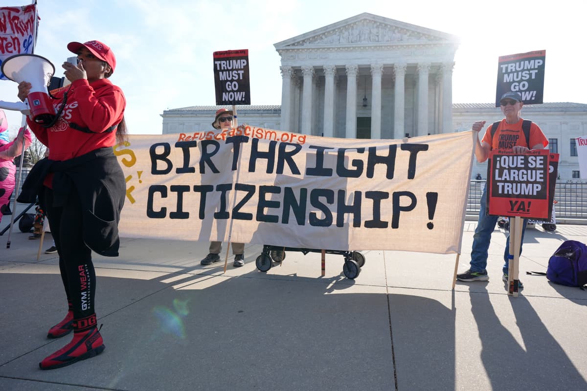 Demonstrators outside the Supreme Court on the morning of arguments in the birthright citizenship case, April 1, 2026.