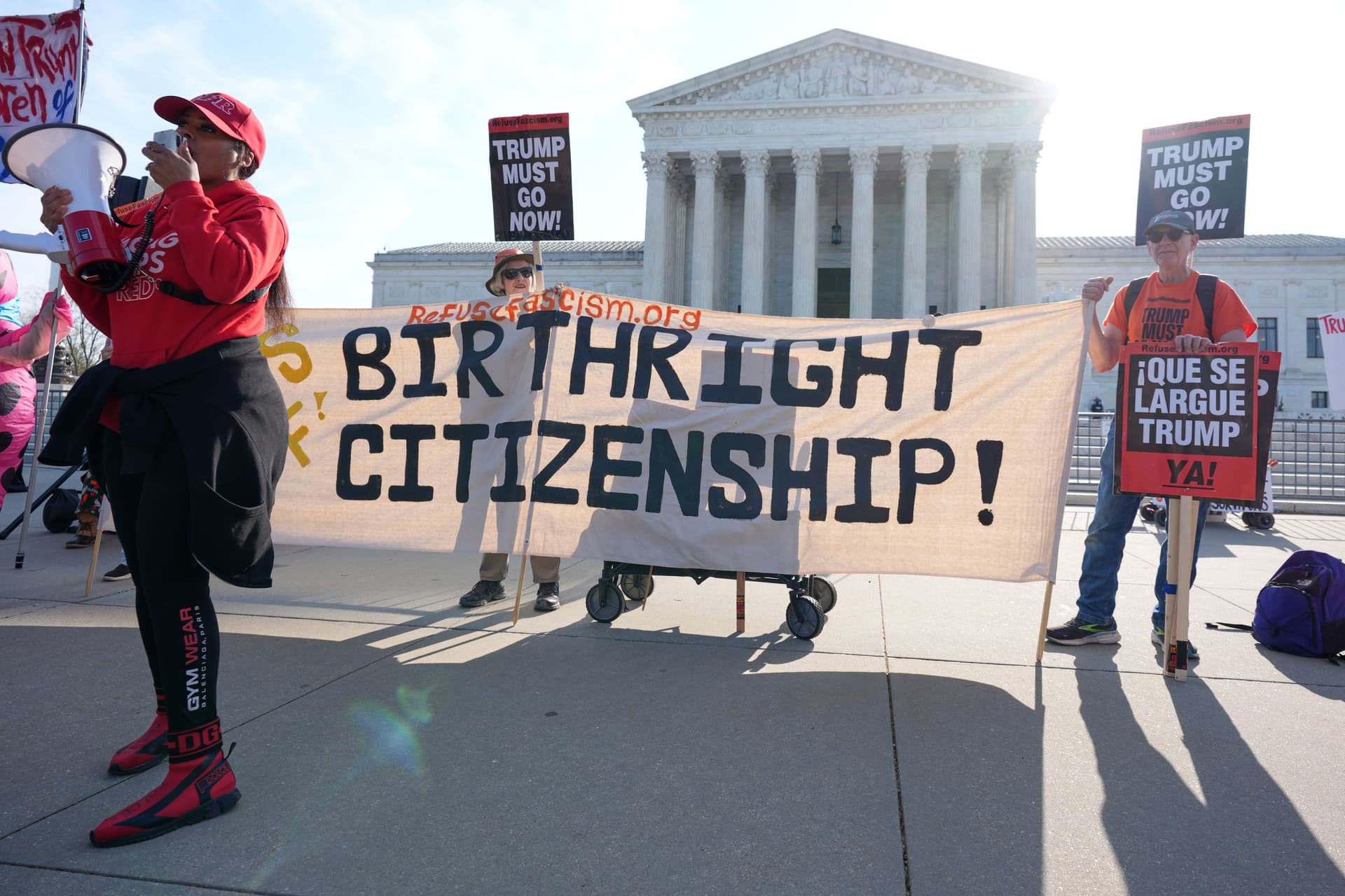 Demonstrators outside the Supreme Court on the morning of arguments in the birthright citizenship case, April 1, 2026.