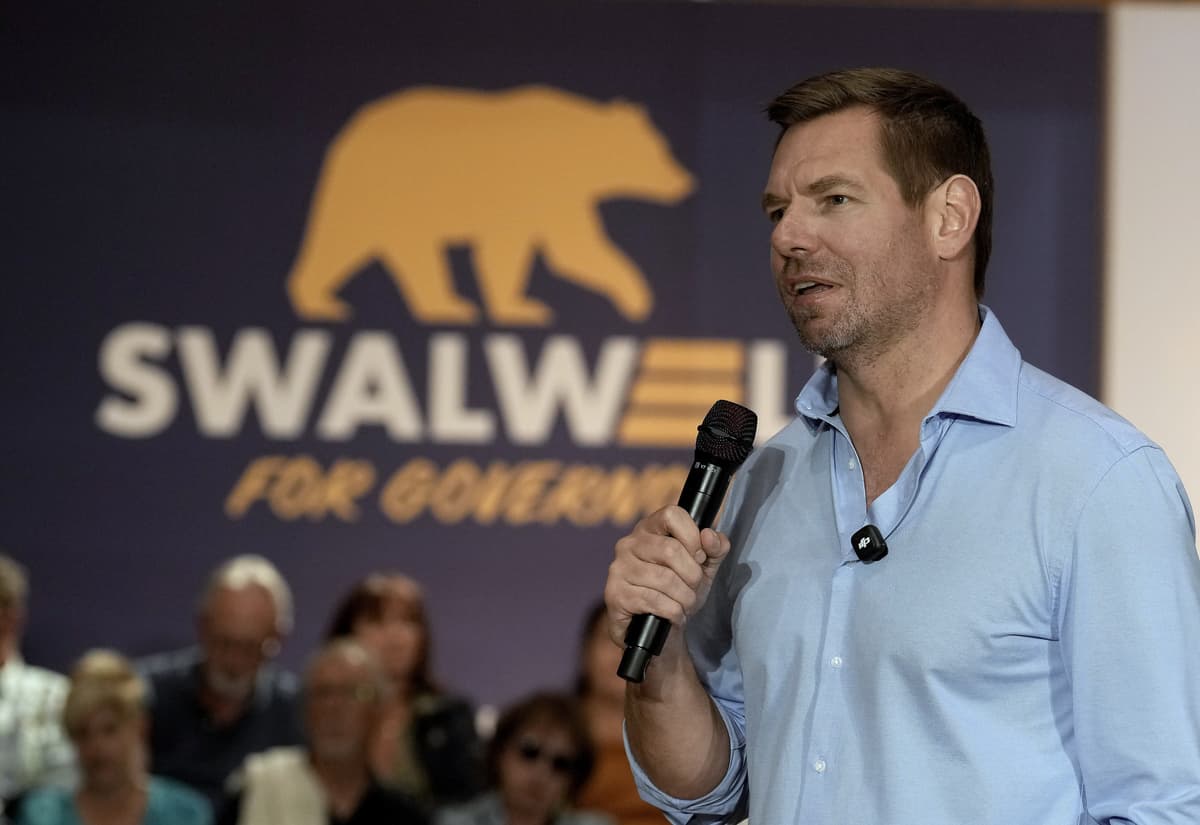 The leading California gubernatorial candidate, Representative Eric Swalwell, appears at a town hall meeting at Sacramento, California, on April 7, 2026.