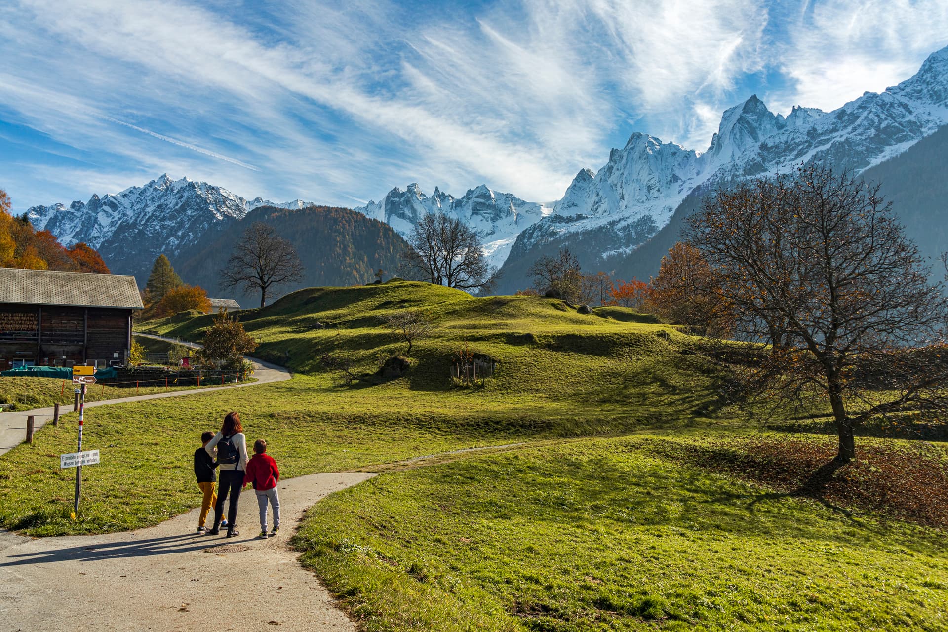 Hikers at Soglio, Graubunden, Switzerland.
