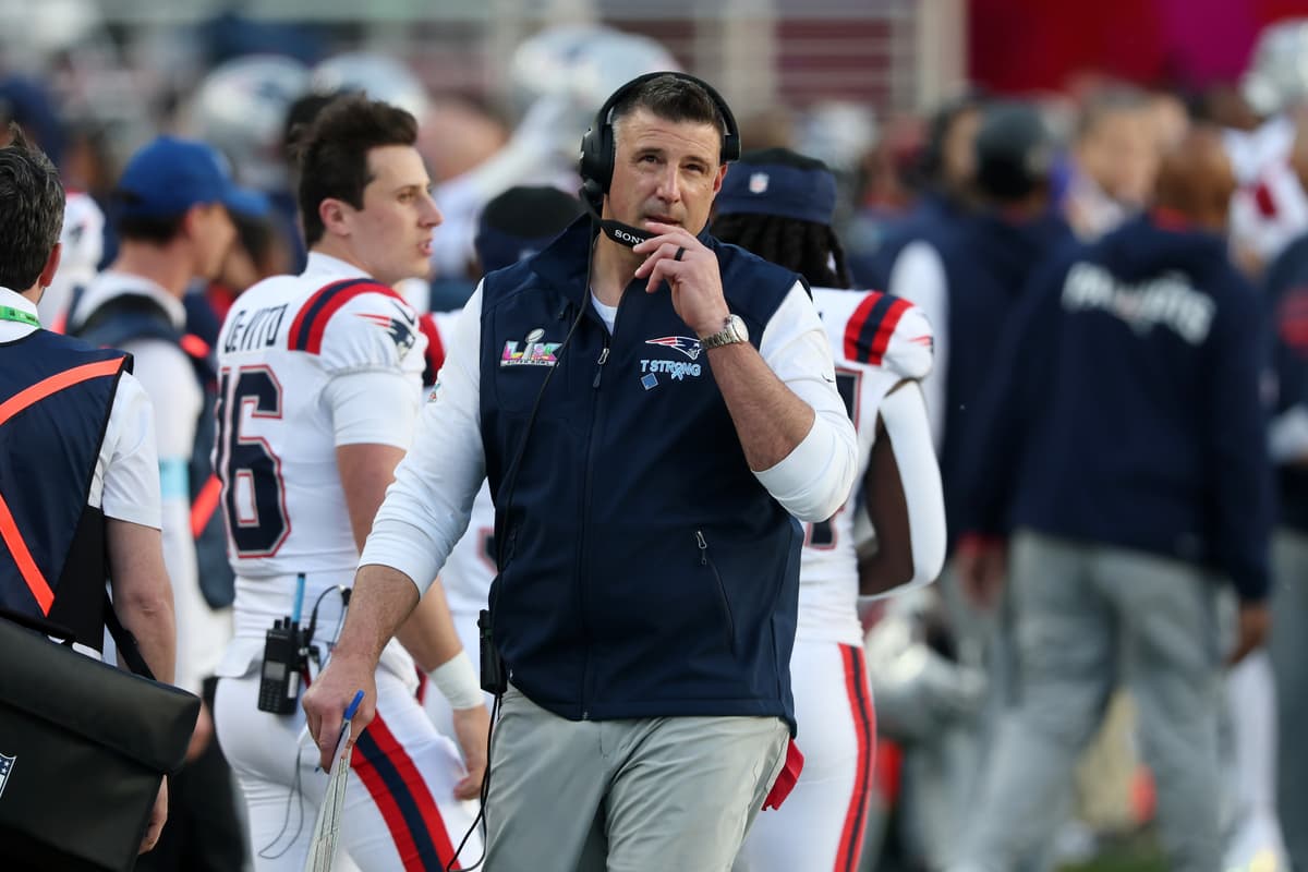 Head coach Mike Vrabel of the New England Patriots looks on during Super Bowl LX against the Seattle Seahawks at Levi's Stadium on February 8, 2026 in Santa Clara, California.  