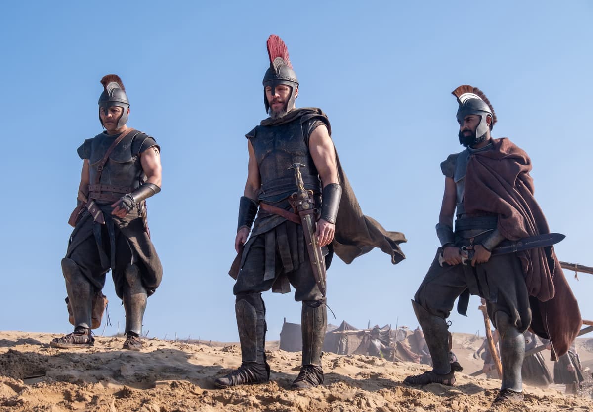 Jimmy Gonzales as Cepheus, Matt Damon as Odysseus and Himesh Patel as Eurylochus in 'The Odyssey.'