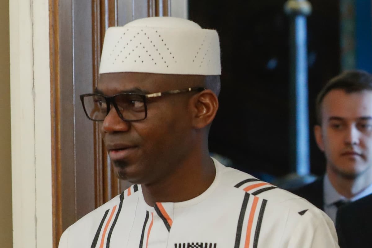 Mali's Defense Minister, Sadio Camara, enters a hall for a talk at Moscow, Russia, on Feb. 28, 2024.
