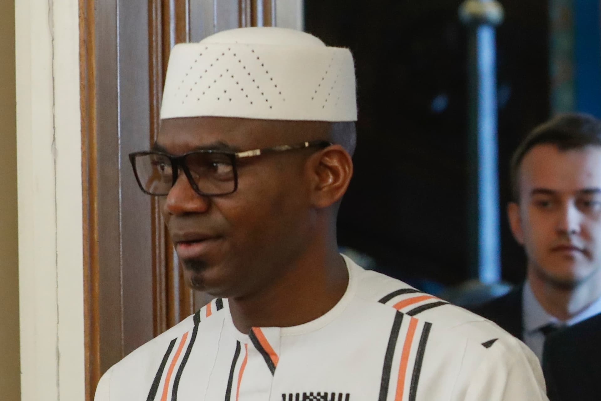 Mali's Defense Minister, Sadio Camara, enters a hall for a talk at Moscow, Russia, on Feb. 28, 2024.