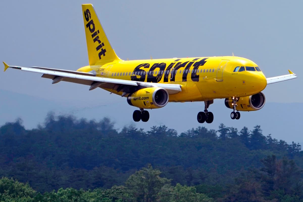 A Spirit Airlines 319 Airbus approaches Manchester Boston Regional Airport for a landing at Manchester, New Hampshire, on June 2, 2023.
