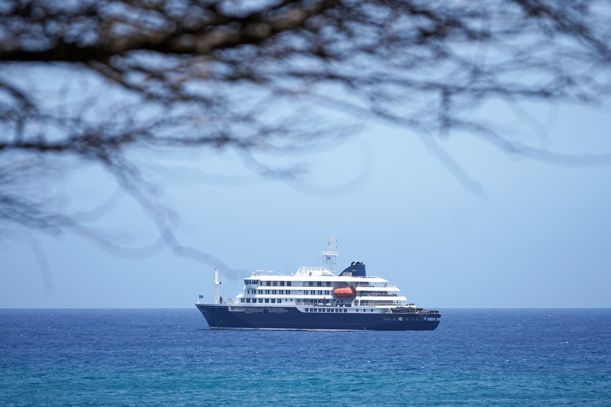 The MV Hondius cruise ship is anchored at a port at Praia, Cape Verde, May 4, 2026.