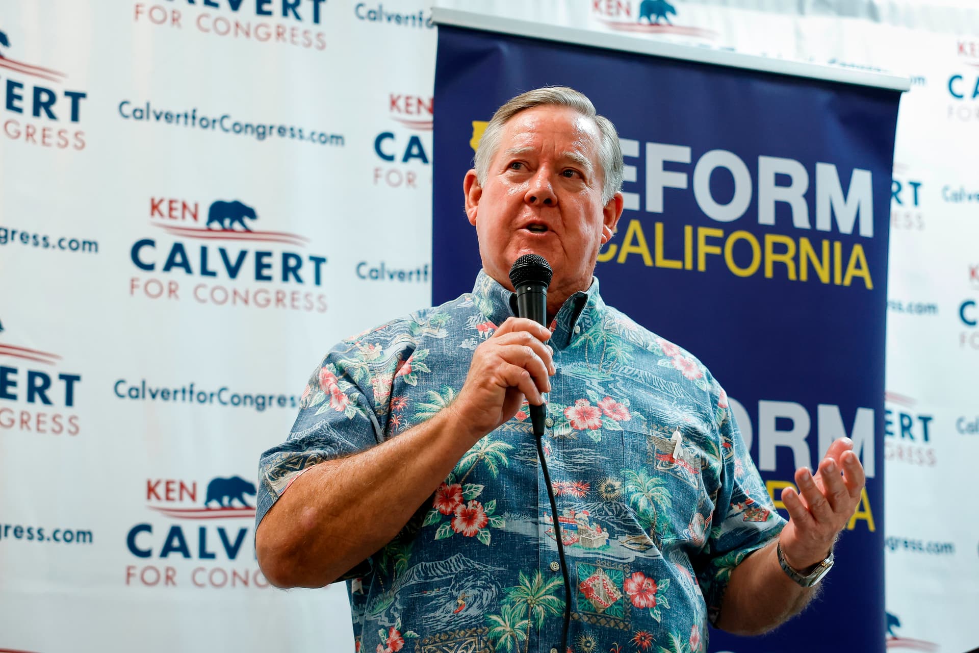 Rep. Ken Calvert, battling another incumbent House Republican in an open primary on June 2, speaks at a "Barbeque, Beer, and Ballots" event organized by Reform California on May 9, 2026, at Corona, Calif. 