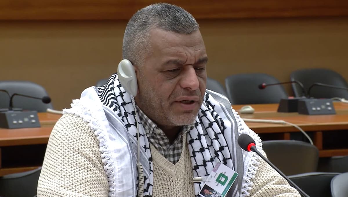 In this screengrab, a Palestinian Authority official, Mohammad Matar, also known as Abu Hassan, shares his story with a U.N. Commission of Inquiry on the West Bank about being assaulted by Israeli settlers and security officials during a confrontation in October 2023. Mr. Matar was quoted in a New York Times column by Nick Kristof  on May 12, 2026, claiming widespread sexual assaults against Palestinians.