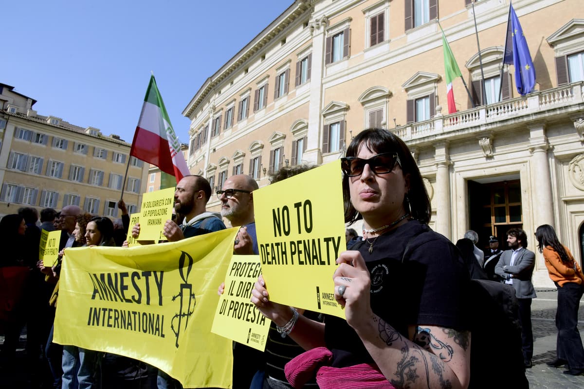 Amnesty International activists demonstrate against the death penalty in response to a growing number or executions in Iran at Rome on March 3, 2026.