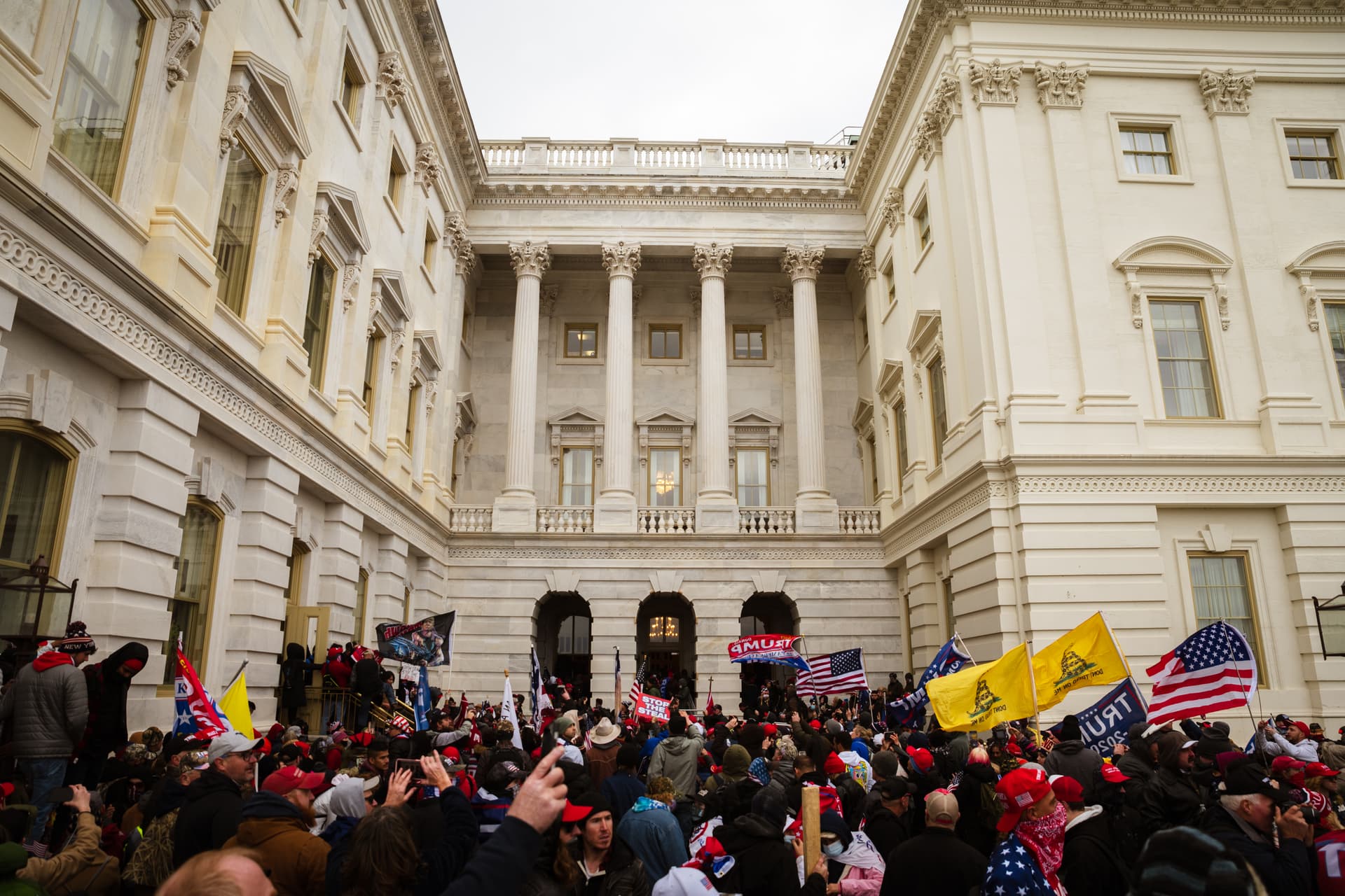 After, breaking windows and clashing with police officers, a mob enters the Capitol Building at Washington, D.C., on January 6, 2021, to protest the ratification of President-elect Joe Biden's Electoral College victory over President Trump in the 2020 election. 