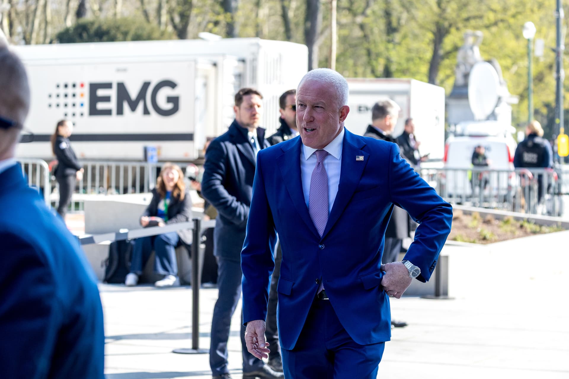 U.S. Ambassador to Belgium Bill White arrives for a ceremony in the European Quarter on March 22, 2026, commemorating the 10th anniversary of the 2016 terror attacks at Brussels, Belgium, in which 32 people died and three hundred others were injured by suicide-bomb attacks on Brussels Airport and Maalbeek metro station. 