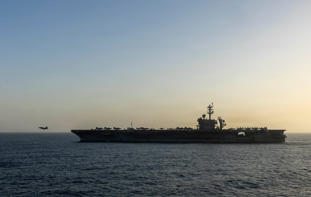 USS Abraham Lincoln conducts U.S. blockade operations related to the Strait of Hormuz on April 16, 2026 in the Arabian Sea. 